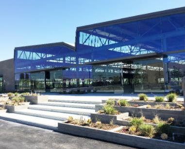 Glass building with white steps