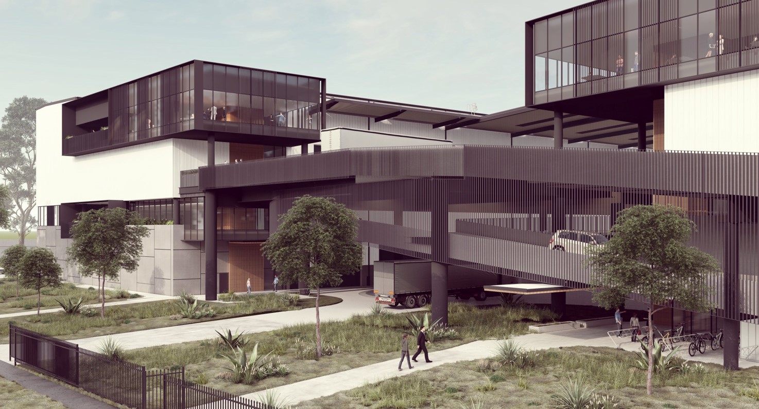 A modern building design, showcasing innovative architecture and surrounding landscape.