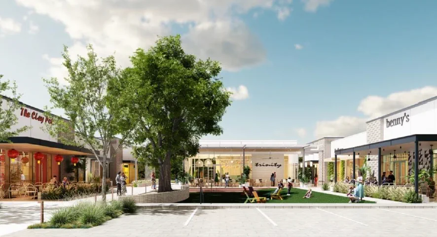 A modern outdoor shopping plaza