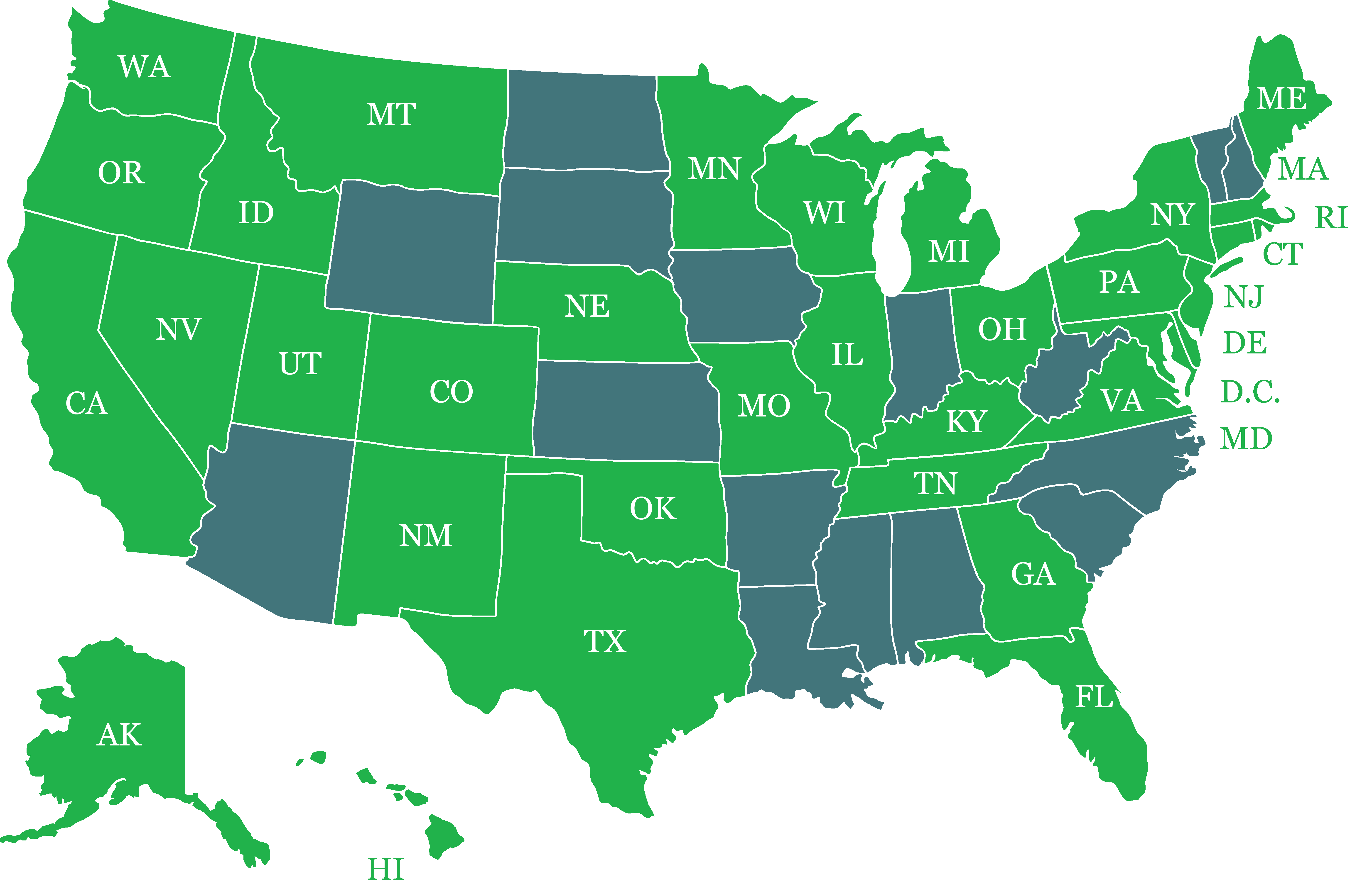C-PACE Eligibility Map May 2023 All States Green with State Abbv
