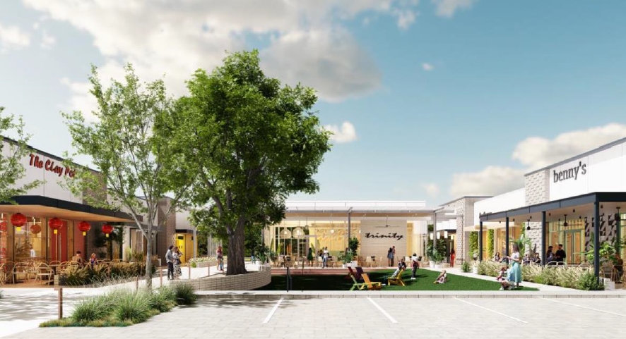A modern outdoor shopping plaza