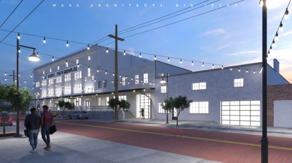 Front of building with street lights