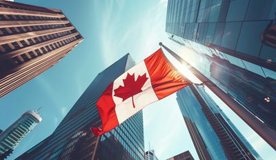 Tall rise buildings with Canada national flag