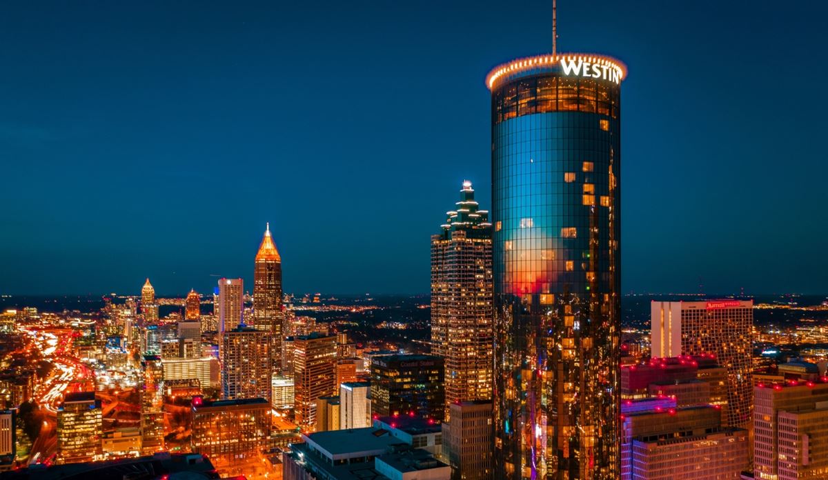 Aerial view of a modern city at night