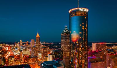 Aerial view of a modern city at night