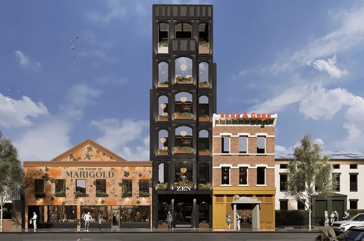 Architectural rendering of Zen Nulu, a modern six-story building with distinctive black arched windows and planted balconies, situated between The House of Marigold building and neighboring brick structures on a commercial street.