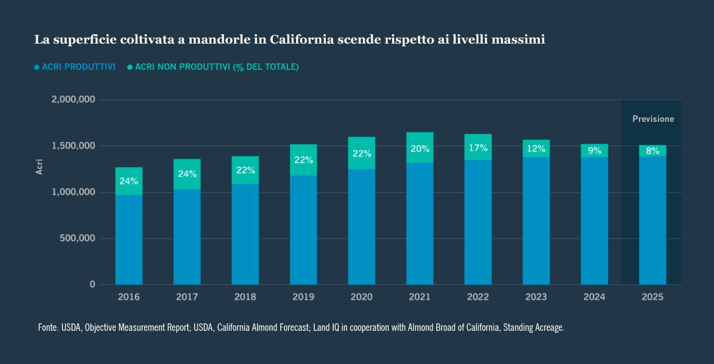 La superficie coltivata a mandorle in California sta diminuendo rispetto ai livelli massimi.